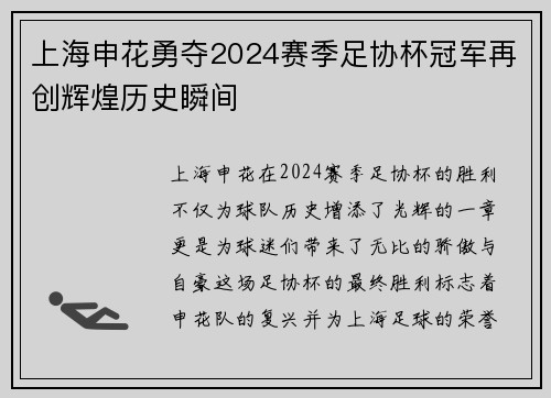 上海申花勇夺2024赛季足协杯冠军再创辉煌历史瞬间